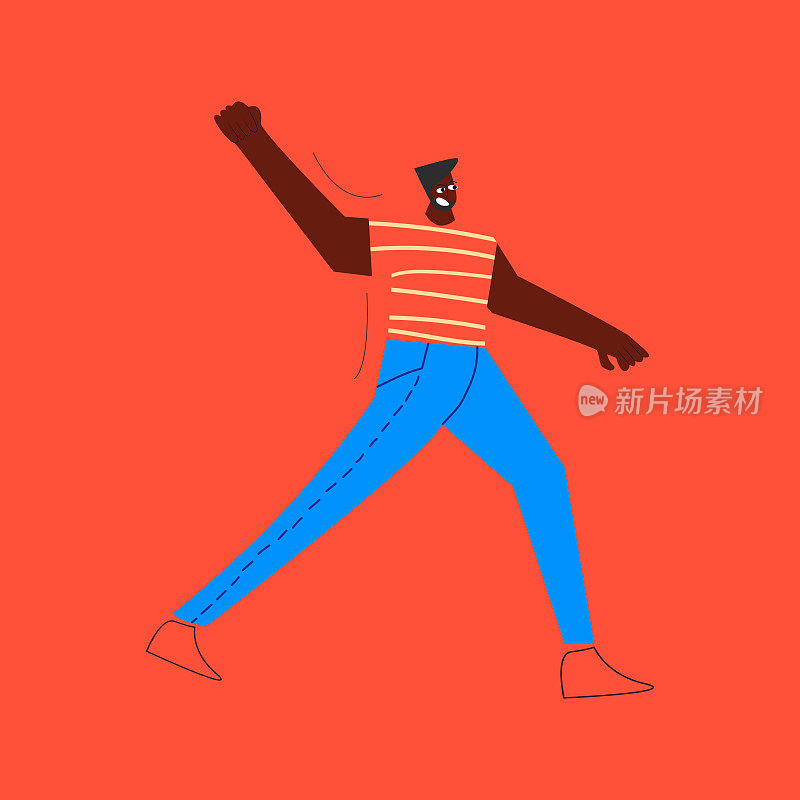 Demonstration, revolution, protest. Man with raised arm fist. Black, african american character isolated on red background. Flat vector illustration